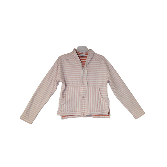Columbia Cozy Fuzzy Stripe Full Zip Hooded Sweatshirt Stretch Cream Orange Sz M - Picture 1 of 5